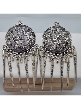 Large Oxidized Silver Ethnic Drop Earrings Engraved Spike Dangles Bold Statement